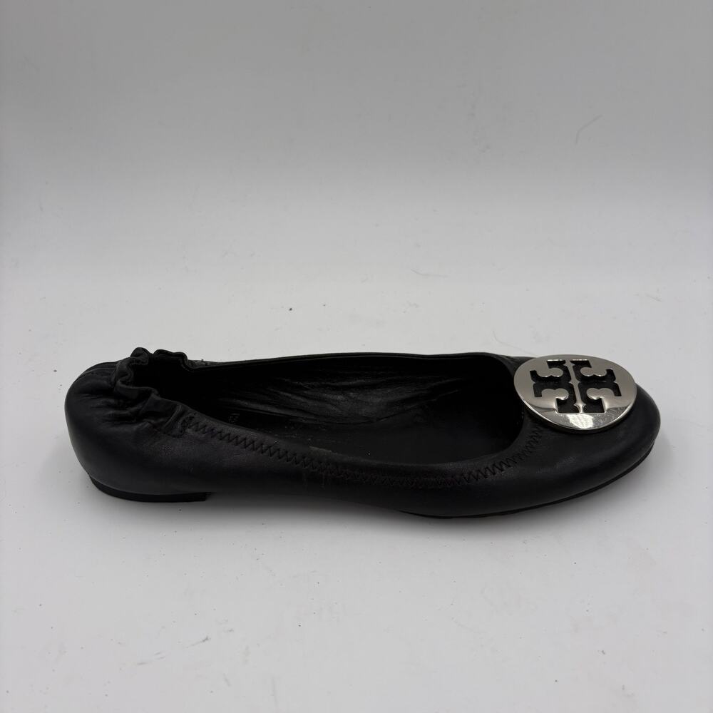 Tory Burch Women's Size 6.5 Black Leather Silver Logo Travel Ballet Flat Shoes